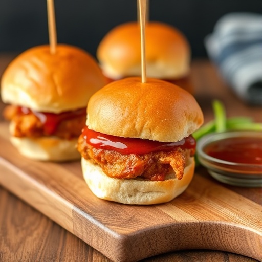 Mini BBQ chicken sliders on wooden board