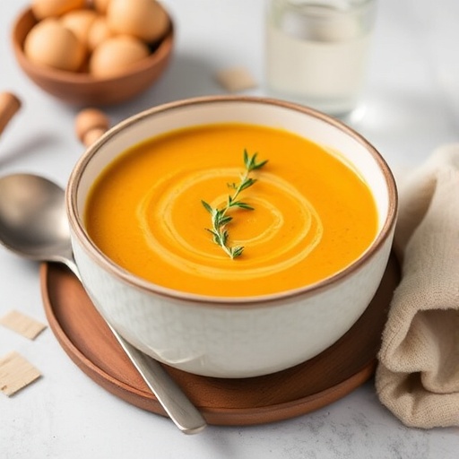 Butternut Squash Soup — golden creamy soup with thyme sprigs, autumn background, cozy fall meal.