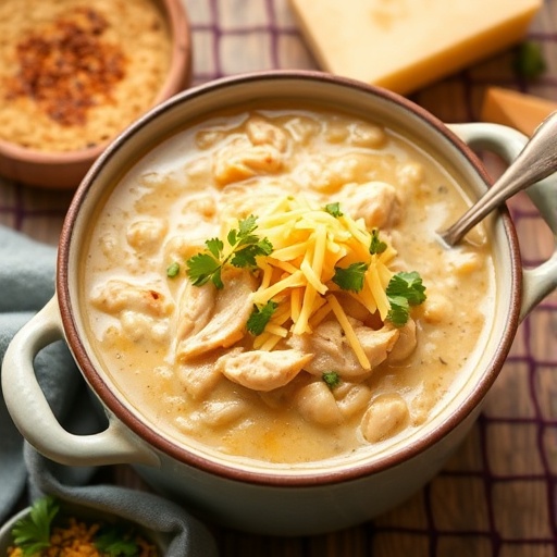 Cream Cheese White Chili Chicken — creamy bowl topped with melted cheese, cilantro, and chicken, warm winter dish