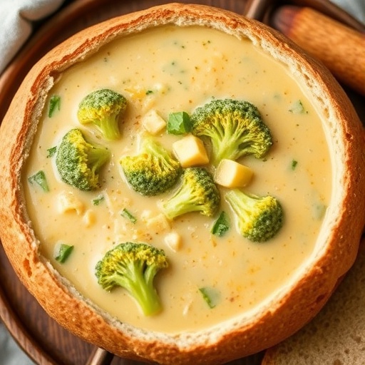 Creamy Broccoli Cheddar Soup in Bread Bowl