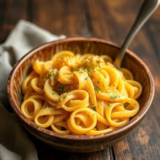 Pasta with creamy squash sauce served on plate