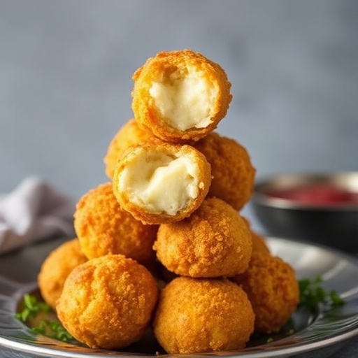 Fried cheese balls stacked on platter