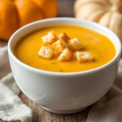 Bowl of creamy pumpkin soup with croutons