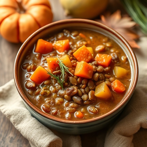 Lentil and vegetable stew in a rustic bowl