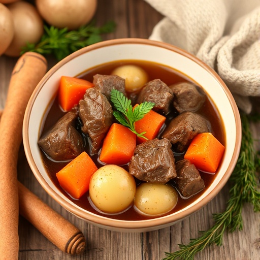Beef stew — steaming bowl with carrots, potatoes, herbs, cozy winter dish