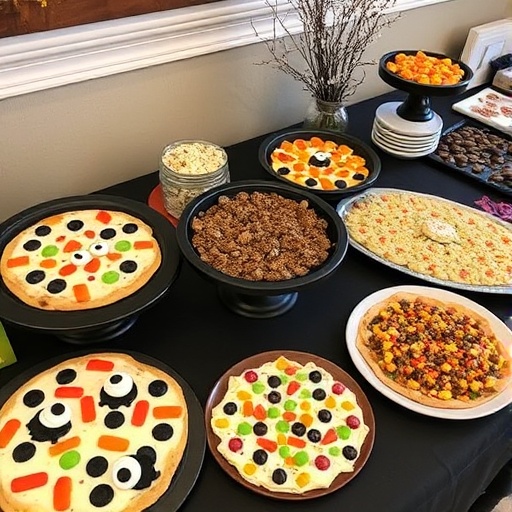 Halloween party food — monster cookies, themed pizza, candy bark on table