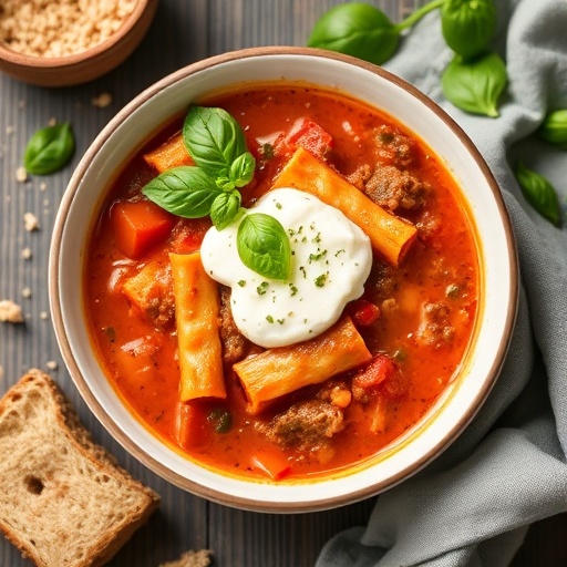 Lasagna soup — bowl with ricotta topping, fresh basil, cozy Italian dinner