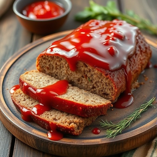 Meatloaf — sliced loaf with ketchup glaze, rustic family dinner plate
