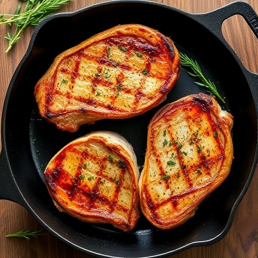 Pork chops — seared in skillet with herbs, golden crust, rustic table setting