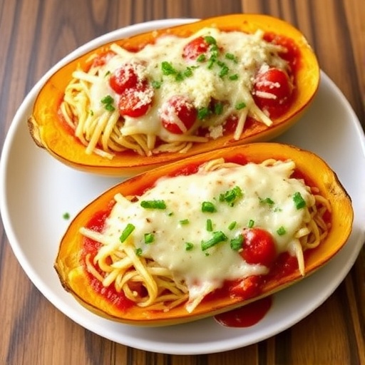 Spaghetti squash — baked boats with marinara and cheese, low carb pasta alternative