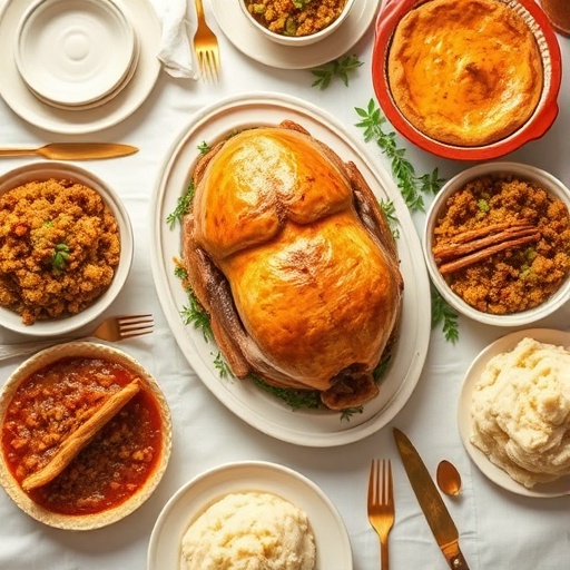 Thanksgiving recipes — turkey, mashed potatoes, stuffing, pumpkin pie, festive holiday dinner